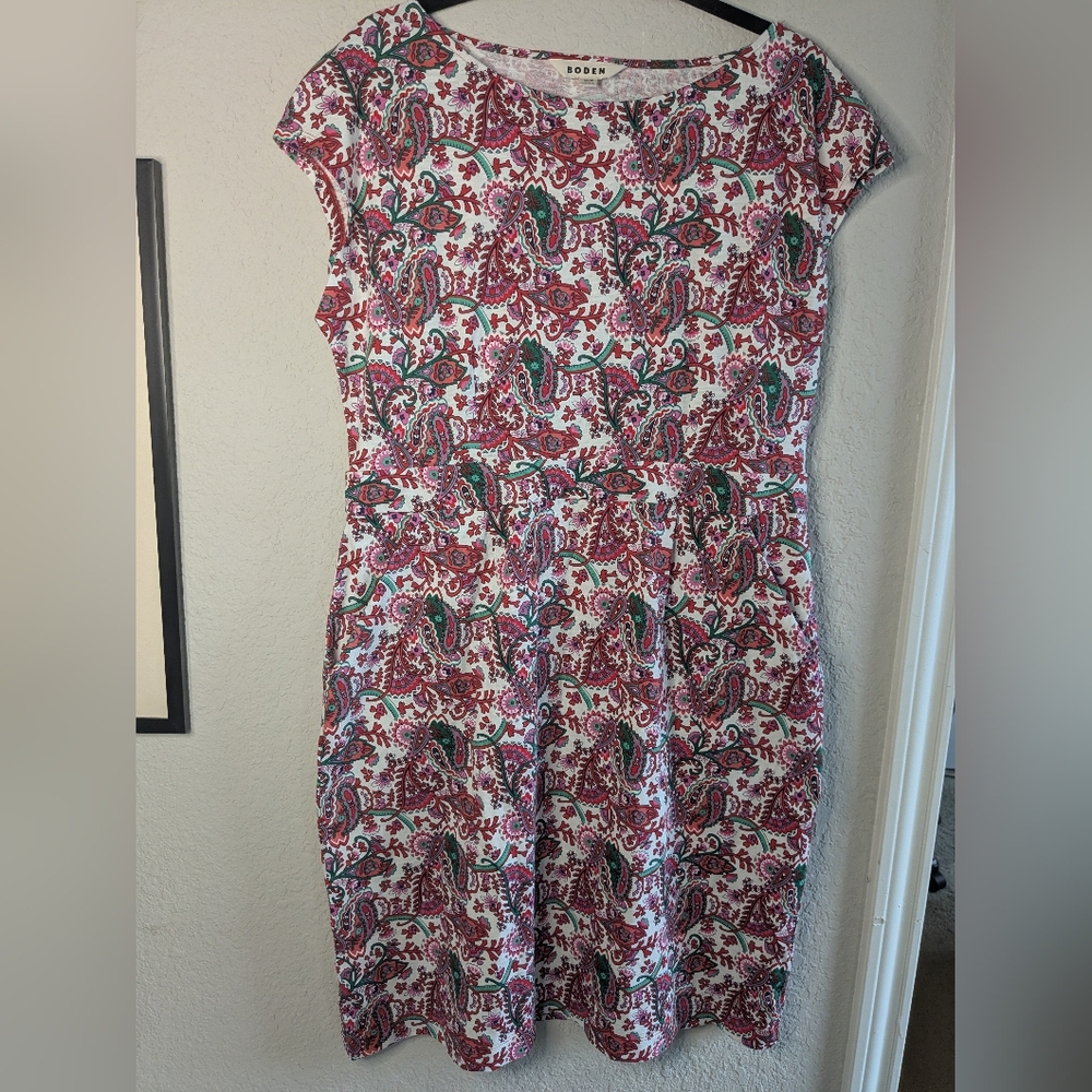 Boden Midi Shift Dress Size 14 100% Cotton Jersey Cap Sleeves Pockets Like New